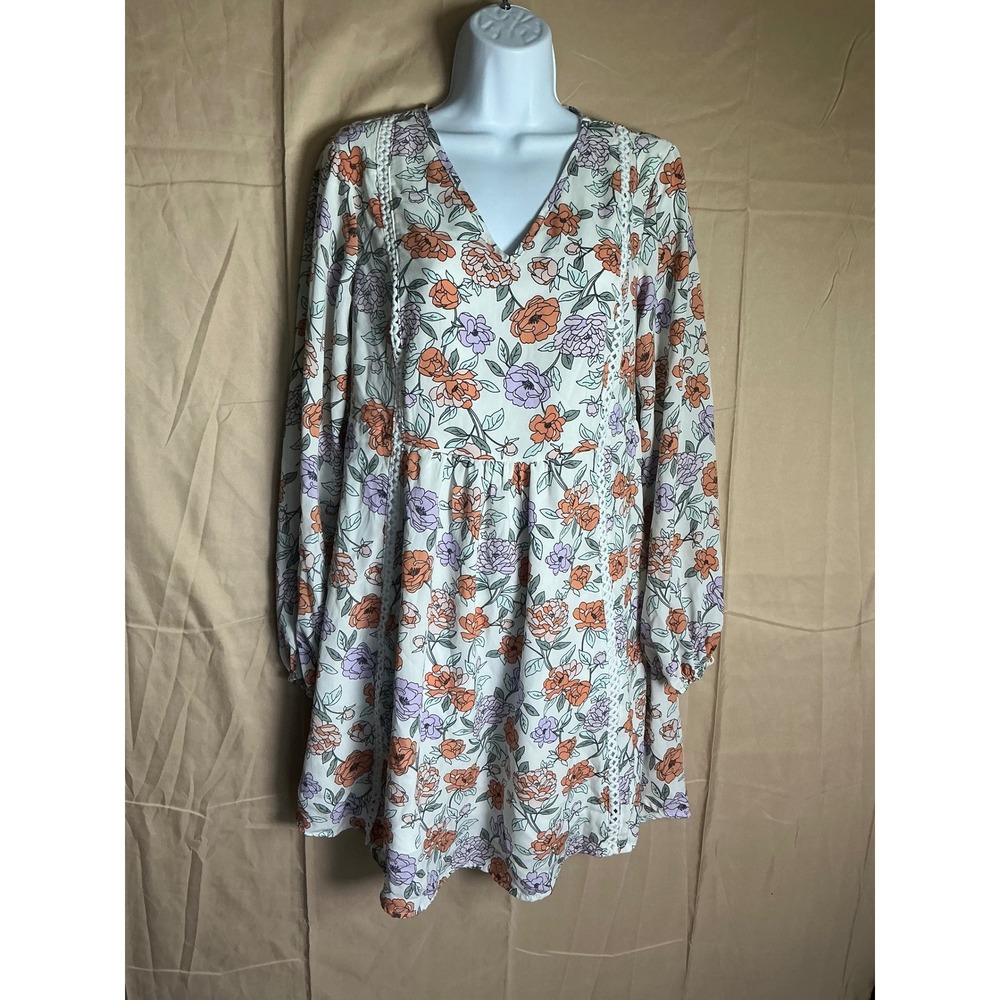 DOKOTOO Floral Print V Neck Long‎ Sleeve Mini Dress Women Size M - Picture 2 of 8